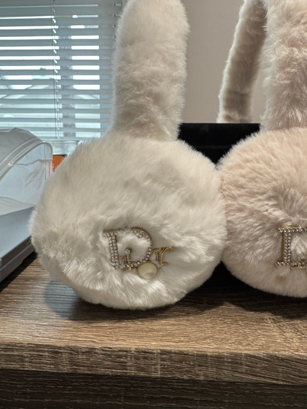 Plush Faux Fur white Earmuffs with Decorative Gold Accent